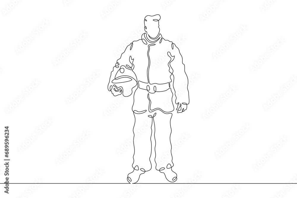 Wall mural Firefighter in protective uniform. Male rescuer character. Fire officer. One continuous line drawing. Linear. Hand drawn, white background. One line.