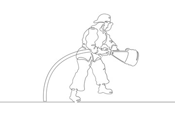 Fototapeta na wymiar Firefighter in protective uniform. Male rescuer character. Fire officer. One continuous line drawing. Linear. Hand drawn, white background. One line.