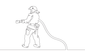 Firefighter in protective uniform. Male rescuer character. Fire officer. One continuous line drawing. Linear. Hand drawn, white background. One line.