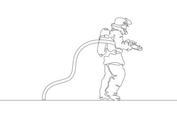 Firefighter in protective uniform. Male rescuer character. Fire officer. One continuous line drawing. Linear. Hand drawn, white background. One line.