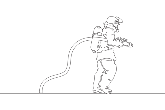Firefighter in protective uniform. Male rescuer character. Fire officer. One continuous line drawing. Linear. Hand drawn, white background. One line.