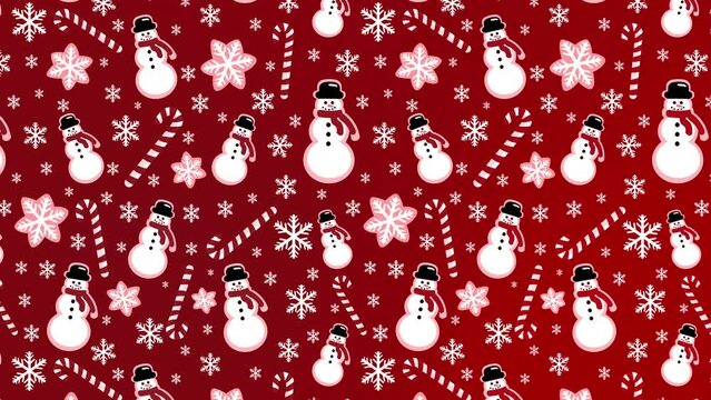 4K Animated Happy New Year 2023 and Christmas Pattern Design Creative Decorations Motion Pattern Snowman, snowflakes and candy canes texture on red Wallpaper Banner Poster Layout card template design