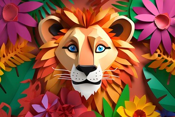 カラフルな花とライオン

