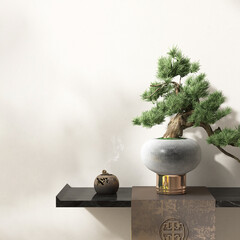 Black marble counter cabinet, aroma diffuser and bonsai tree in pot in sunlight for Asian, Chinese...