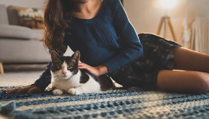 Young girl in mini skirt having a good time lounging with her cat on the carpet at home. no face. high quality photo - obrazy, fototapety, plakaty