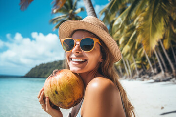 Portrait of young smiling woman in sunglasses and hat holding coconut sitting on exotic beach with palm trees in background, close up view.Theme of exotic and expensive luxury vacation.generative ai