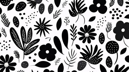 chic hand-drawn black and white abstract floral print, trendy collage pattern for fashionable design