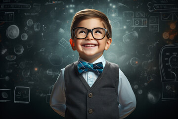 Happy smart boy with glasses on school board background with doodles and drawings, back to school theme.generative ai