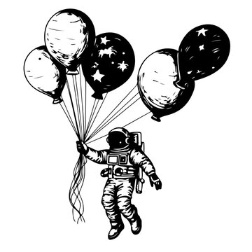 Astronaut flying by holding planet and moon balloons