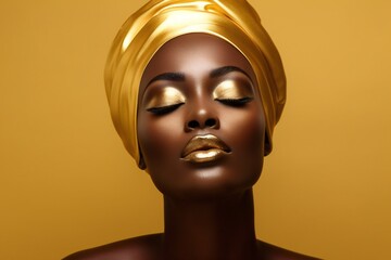 Young african beauty woman pull back hair with makeup style on face and perfect clean skin on isolated gold background. Facial treatment, Cosmetology, plastic surgery