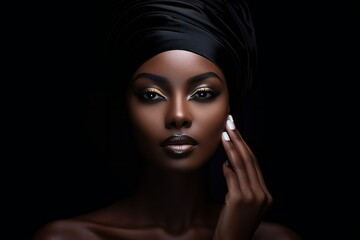 Fototapeta na wymiar Young african beauty woman pull back hair with makeup style on face and perfect clean skin on isolated black background. Facial treatment, Cosmetology, plastic surgery