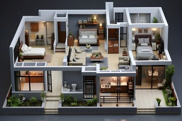 Stunning 3D model on detailed architecture floorplan showcasing modern home design, architectural precision, and meticulous planning for innovative living spaces