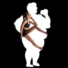 Young woman with slim, fit body sitting inside silhouette of overweight, fat person eating junk...