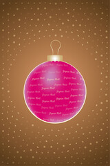 Christmas card with pink bauble and french text for Merry Christmas written in gold on glittering translucent snowflakes combined with warm brown background