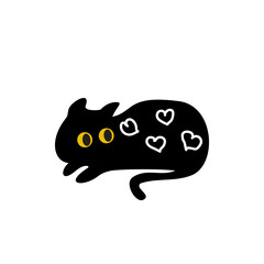 Black cat with hearts texture. Cute sticker. Isolated vector illustration