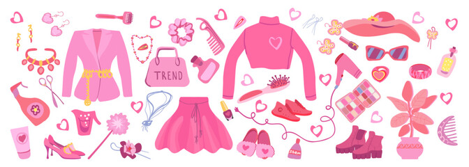 Barbiecore set, Pink trendy set, doll aesthetic accessories. Pink cosmetics, and clothing. Vector illustration