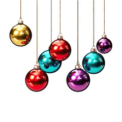 Obraz premium Collection of shiny colorful charismas baubles hanging on strings isolated on transparent background