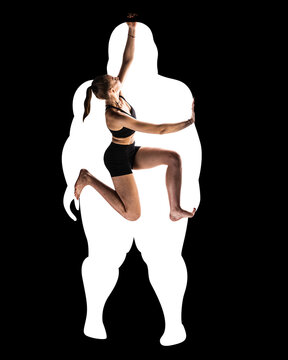 recommend clip art: Slim, fit young girl getting out of silhouette of overweigh, fat person. Following healthy lifestyle. Conceptual design. Concept of weight loss, acceptance and changes, body care, wellness.