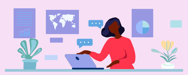 Remote work concept. Young woman working on a laptop in her home office. Schedule, board, workplace. . Vector illustration