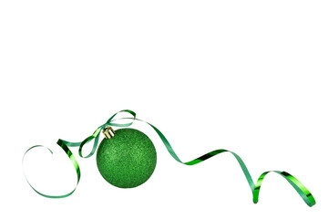 Green ball with tape. Isolated. Christmas decoration. New Year's card