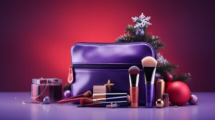 Cosmetic bag with different makeup products and Christmas decor 