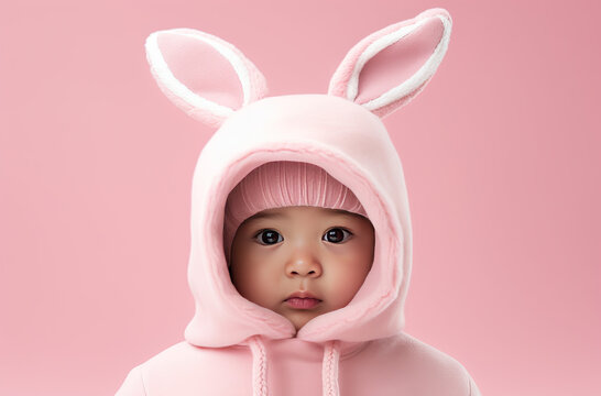 portrait baby girl in a rabbit outfit