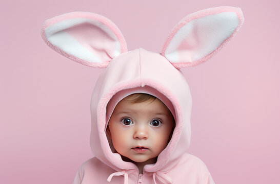 portrait baby girl in a rabbit outfit