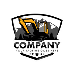 Excavator logo design illustration vector for construction company. Backhoe with mountains in shield	