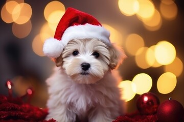 Adorable dog wearing Santa hats at room decorated for Christmas comeliness