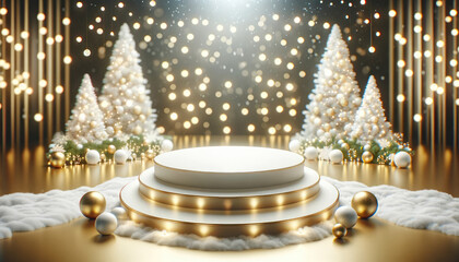 Fototapeta na wymiar Christmas background with white podium and Christmas tree.