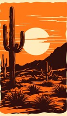 cactus and desert sunset vintage style vertical poster