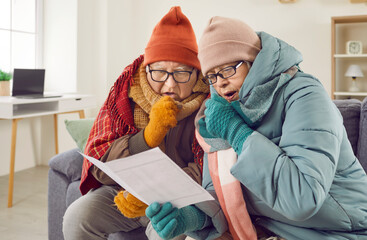 Portrait of old senior couple man and woman sitting on sofa in the living room at home in winter...