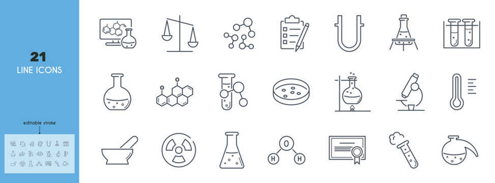 Chemical Laboratory line icons set. Flask, mortar, pestle, scale, molecule, test tube, flask, retort, burner, flame, certificate, petri dish vector illustration. Editable stroke