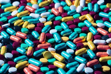 Pharma und Medizin: Detailaufnahme von farbigen Pillen und Tabletten.