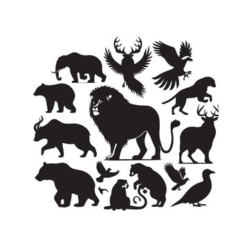 Animal Silhouette: Silent Guardians of the Enchanted Forest in Nighttime Majesty Black Vector Animals Silhouette
