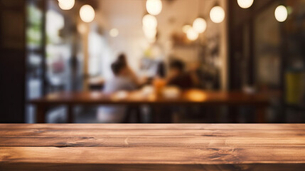 Interior Background. Blurred Coffee Shop with Empty Wooden Table