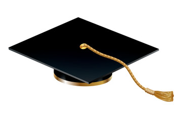 Graduation cap. Black educational student hat with golden tassel. Element for degree ceremony and educational programs design. College, high school or university cap isolated on white background