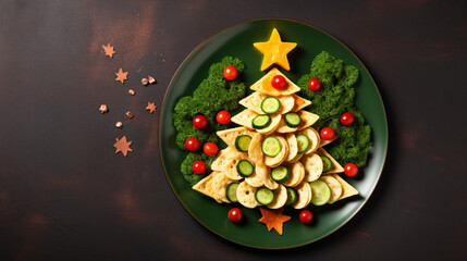 Holiday snacks as canapes in shape of Christmas tree