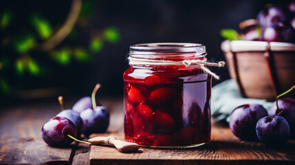 Homemade canned plum compote in large glass jar - obrazy, fototapety, plakaty