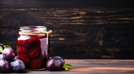 Homemade canned plum compote in large glass jar
