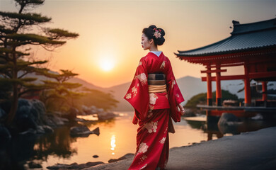 Japan geisha during sunset. Imperial crown style