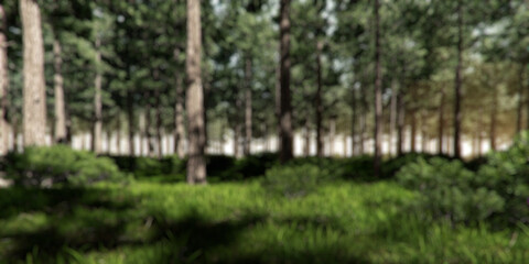 Forest with meadow. 3d rendering of blurred landscaped vibrant background.
