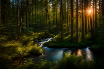 Obraz premium sunset. The trees sway in the gentle breeze, creating a rhythmic dance of shadows. The forest stream reflects the soft, warm colors of the sky, mirroring the celestial generative ai technology