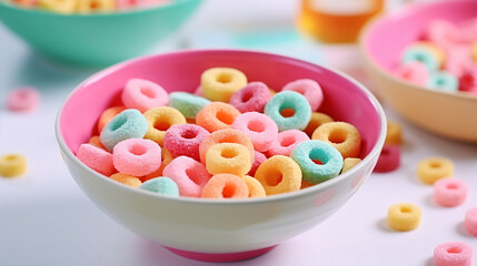 Colorful cereal rings with milk in bowl. Dry children