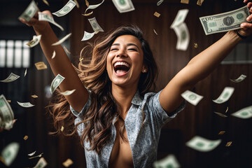 Smiling young woman money banknotes flying in air around - obrazy, fototapety, plakaty