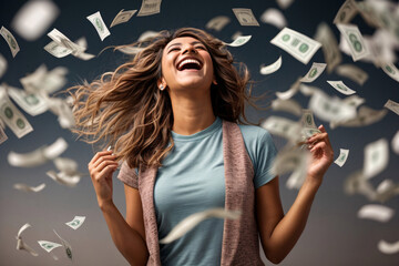 Smiling young woman money banknotes flying in air around