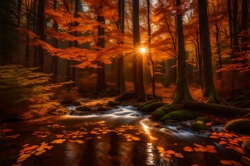 sunset. The trees sway in the gentle breeze, creating a rhythmic dance of shadows. The forest stream reflects the soft, warm colors of the sky, mirroring the celestial generative ai technology