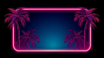 neon frame with tropical  palms  on a dark background. horizontal wallpaper, copy space for text
