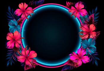 neon frame with tropical  palm leaves and flowers  on a dark background. horizontal wallpaper, copy space for text