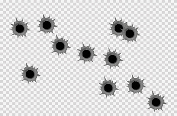 Realistic bullet holes from a firearm in a metal plate are isolated on transparent background. Torn hole in the metal plate from bullets. Vector illustration